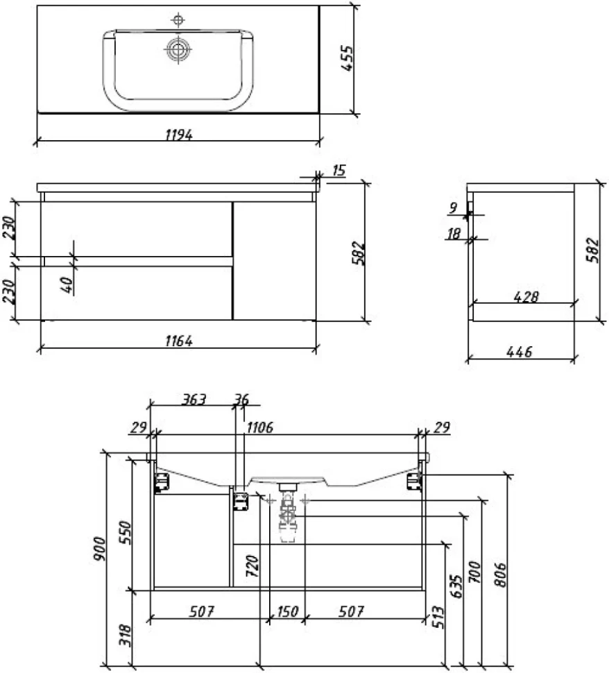 Тумба с раковиной Caprigo Forte 120 R подвесная, графит