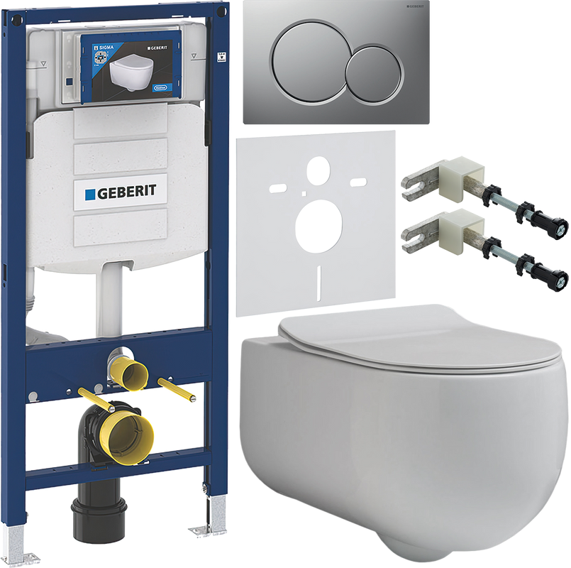 Комплект Унитаз подвесной Kerasan Flo + Крышка slim 319101 с микролифтом + Инсталляция Geberit Duofix UP 320 111.300.00.5 + Кнопка Sigma 01 115.770.JQ.5 лакированная, матовый хром + Крепления 111.815.00.1 к стене + Звукоизоляция