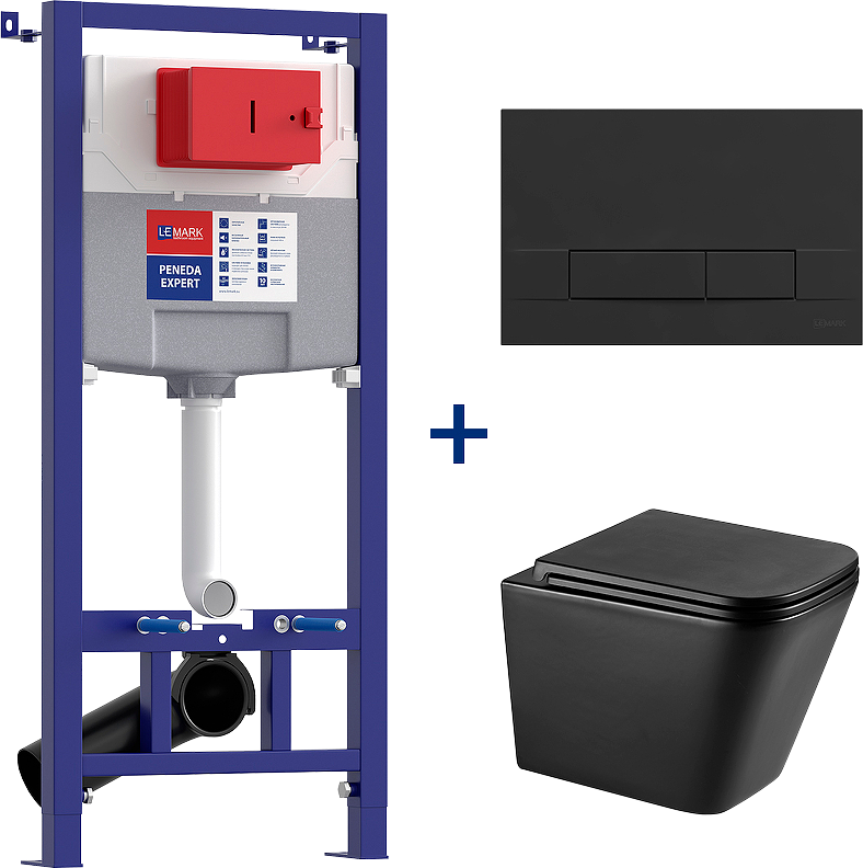Комплект Lemark Florex 100122236 безободковый, с микролифтом, кнопка смыва матовая черная soft touch
