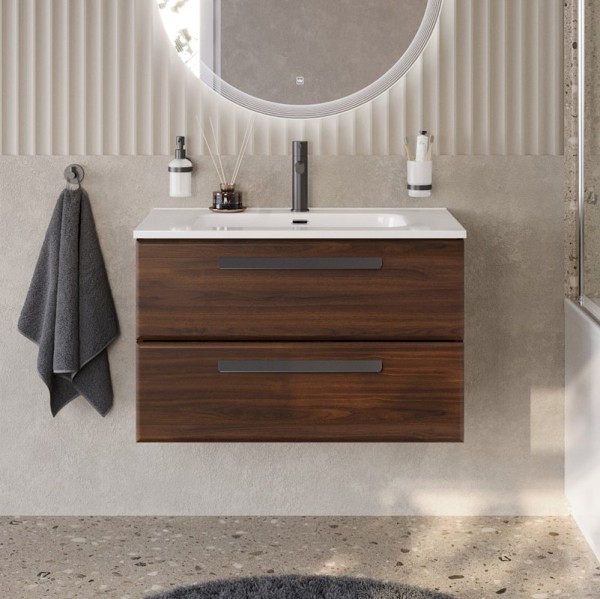 Тумба с раковиной Cezares Eco Cer-N 80 орех шоколад софт, раковина Duet 80, ручки матовые черные