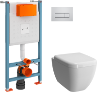 Комплект Унитаз подвесной VitrA Shift 7742B003-0075 белый глянцевый + Крышка 91-003-009 с микролифтом, петли хром + Инсталляция V-Fix Core 738-5800-01 с кнопкой смыва Root S 740-2380 хром