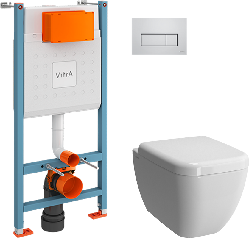 Комплект Унитаз подвесной VitrA Shift 7742B003-0075 белый глянцевый + Крышка 91-003-009 с микролифтом, петли хром + Инсталляция V-Fix Core 738-5800-01 с кнопкой смыва Root S 740-2380 хром