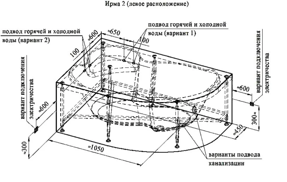 Акриловая ванна Radomir Ирма Стандарт 150x95 см, угловая, левая, пристенная, с гидромассажем, белая, асимметричная, с каркасом, с экраном, с сиденьем, со сливом-переливом