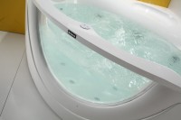 Акриловая ванна Orans 65103A0 140x140 см, угловая, пристенная, с гидромассажем, белая, четверть круга, с каркасом, с экраном, со смесителем, со сливом-переливом, с подсветкой, с подголовником