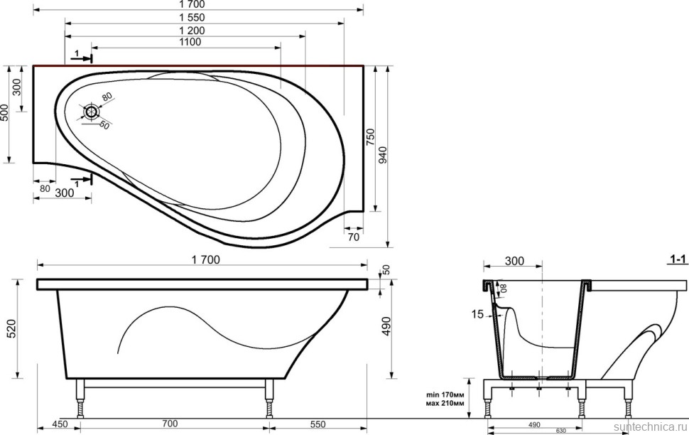 Ванна из искусственного камня Эстет Грация R 170x95 см, угловая, правая, пристенная, асимметричная, на ножках