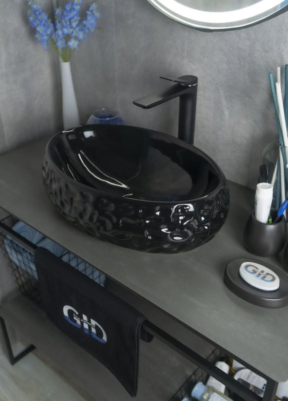 Накладная раковина GID Lago 9030bf 48 глянцевая черная, овальная, фаянс