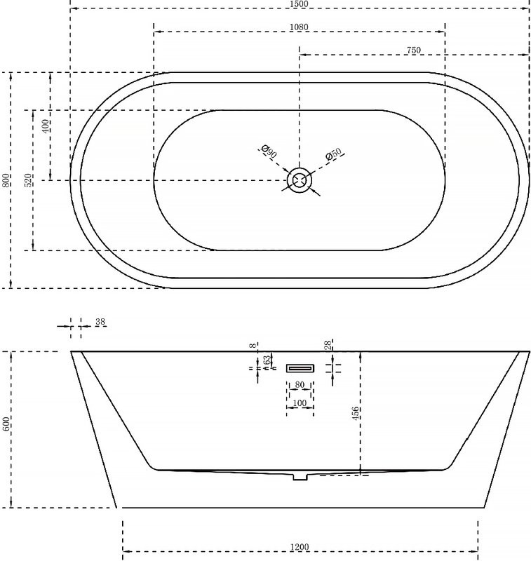 Акриловая ванна Abber AB9203-1.5 150x80 см, отдельностоящая, белая, овальная, с каркасом, со сливом-переливом