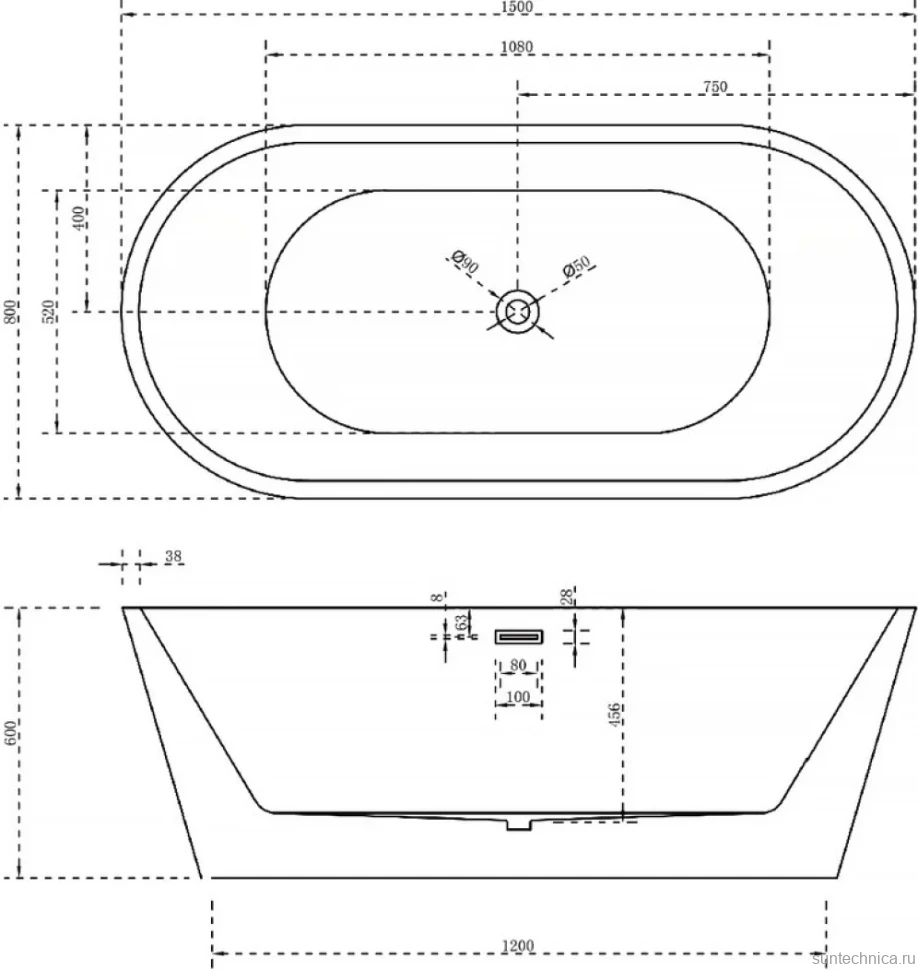 Акриловая ванна Abber AB9203-1.5 150x80 см, отдельностоящая, белая, овальная, с каркасом, со сливом-переливом