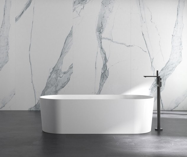 Ванна из искусственного камня Abber Stein AS9614 180x75 см, отдельностоящая, матовая белая, овальная, на ножках, с донным клапаном