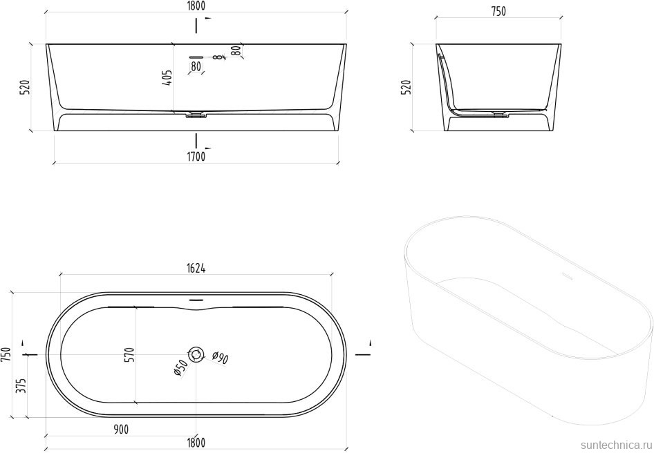 Ванна из искусственного камня Abber Stein AS9614 180x75 см, отдельностоящая, матовая белая, овальная, на ножках, с донным клапаном