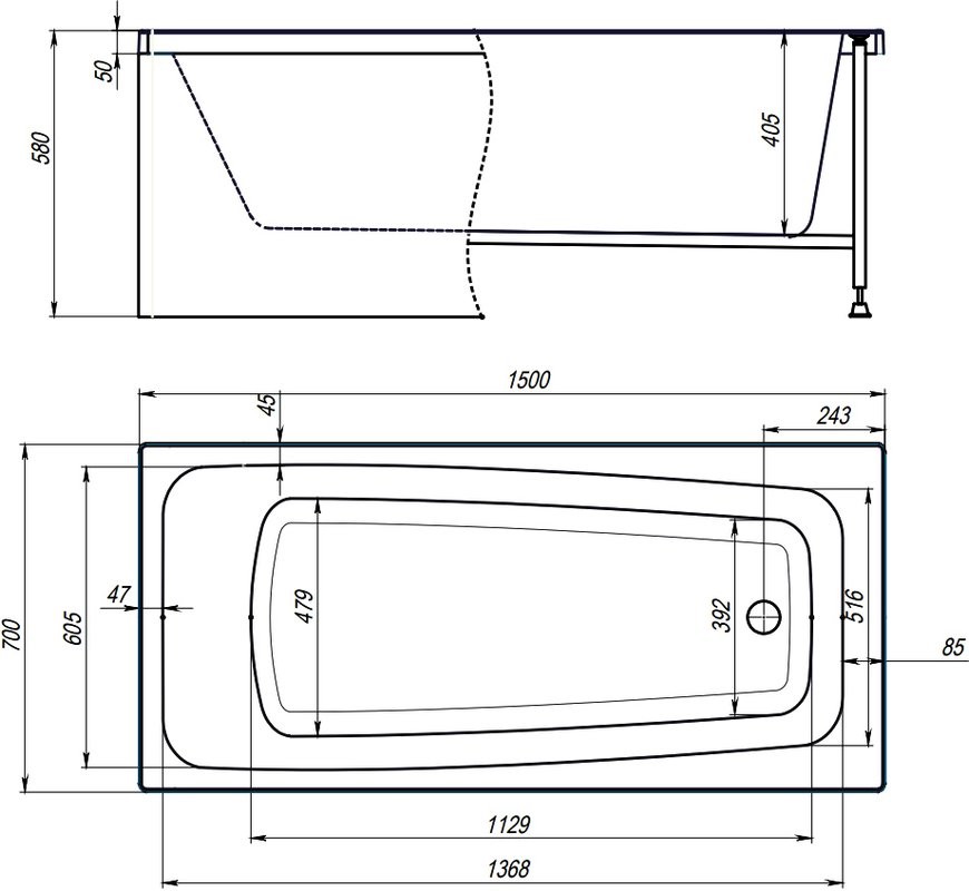 Акриловая ванна Alex Baitler Ontario 150x70 см, встраиваемая, белая, с экраном