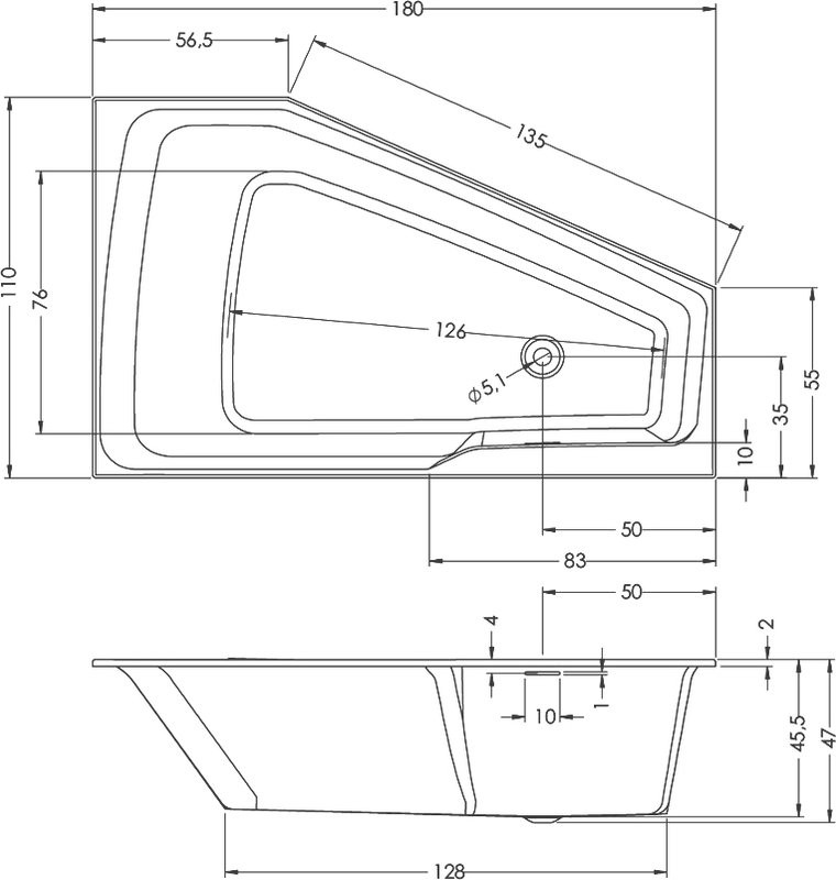 Акриловая ванна Riho Rething Space L 180x110 см, угловая, левая, встраиваемая, цвет европейский белый, пятиугольная, на ножках