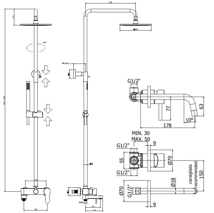 Комплект для ванной Paffoni Light KITCOL632NO006 С ВНУТРЕННЕЙ ЧАСТЬЮ, черный матовый