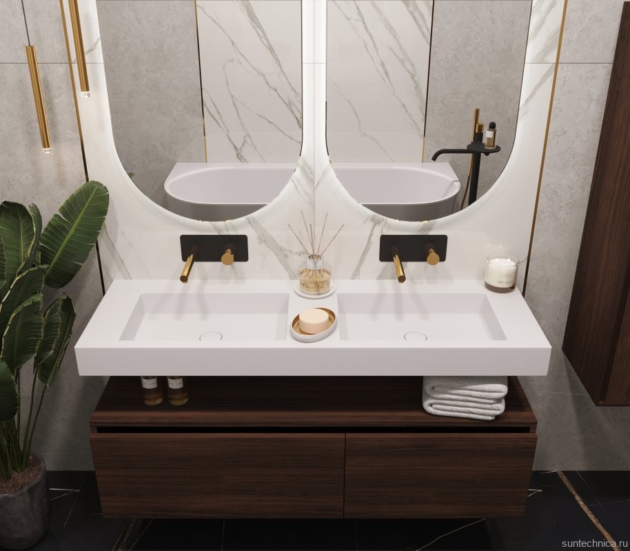 Раковина подвесная Armadi Art Flat 888-140 ST 140 матовая белая, прямоугольная, двойная, искусственный камень