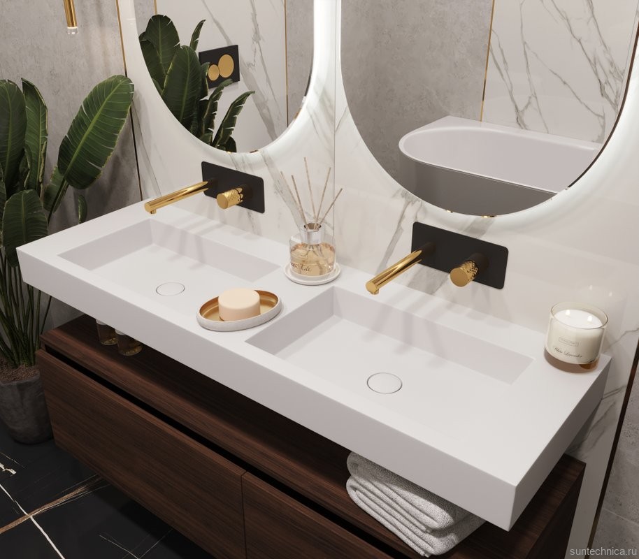 Раковина подвесная Armadi Art Flat 888-140 ST 140 матовая белая, прямоугольная, двойная, искусственный камень