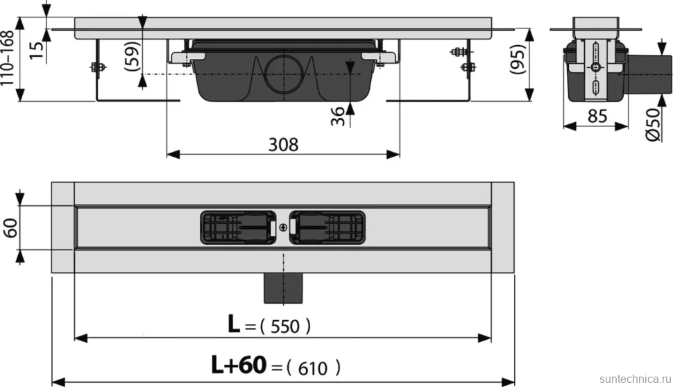 Душевой трап (лоток) AlcaPlast APZ1 APZ6S 550 55 см, решетка хром, под плитку