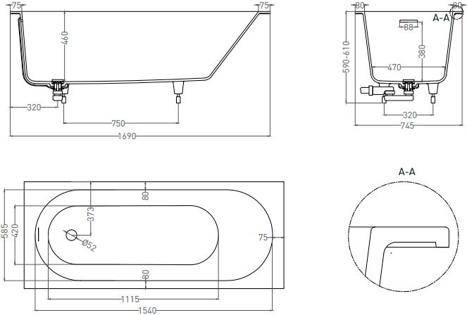Ванна из искусственного камня Salini Ornella Kit S-Stone 170x75 см, встраиваемая, матовая белая, на ножках, со сливом-переливом, с донным клапаном
