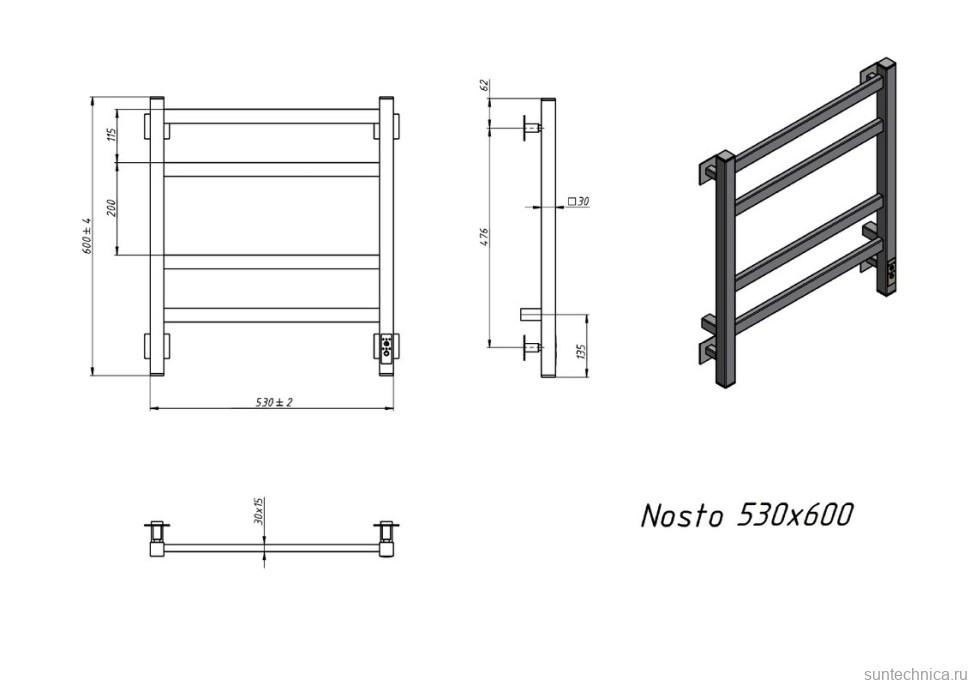 Полотенцесушитель электрический Grota Nosto 530х600 RAL9005 EL 60x55 см, подключение справа, слева, скрытое подключение справа, матовый черный, лесенка, из стали