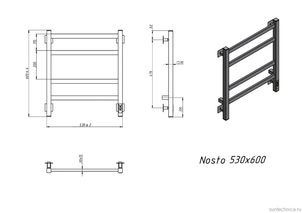 Полотенцесушитель электрический Grota Nosto 530х600 RAL9005 EL 60x55 см, подключение справа, слева, скрытое подключение справа, матовый черный, лесенка, из стали