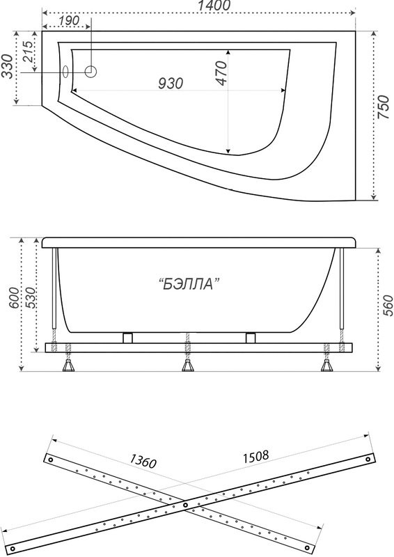 Акриловая ванна Triton Бэлла Н0000020161 L 140x75 см, угловая, левая, пристенная, белая, асимметричная, с каркасом