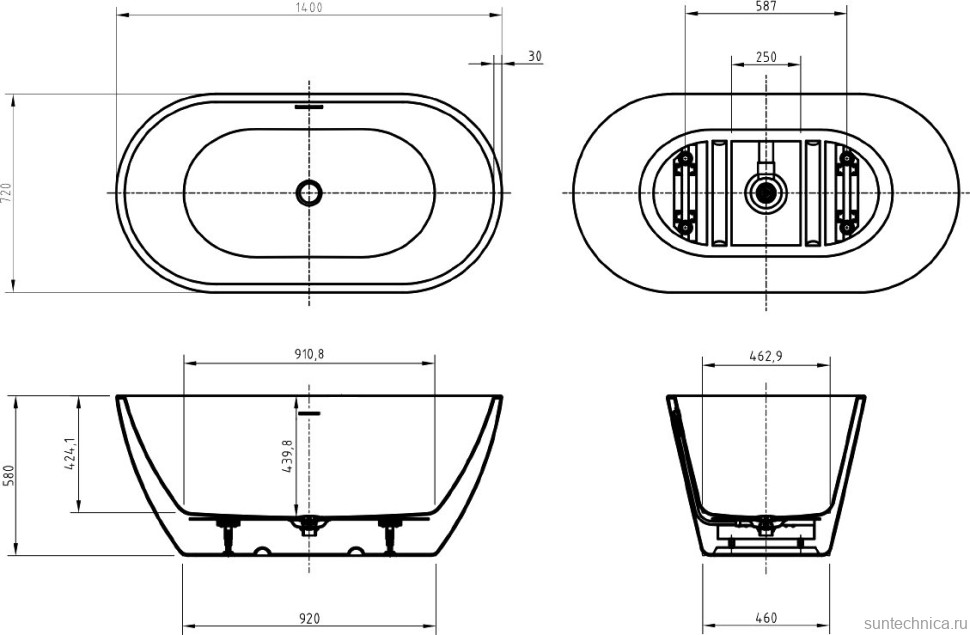 Акриловая ванна BelBagno Uno BB701 140x70 см, отдельностоящая, белая, овальная, на ножках, со сливом-переливом, с донным клапаном