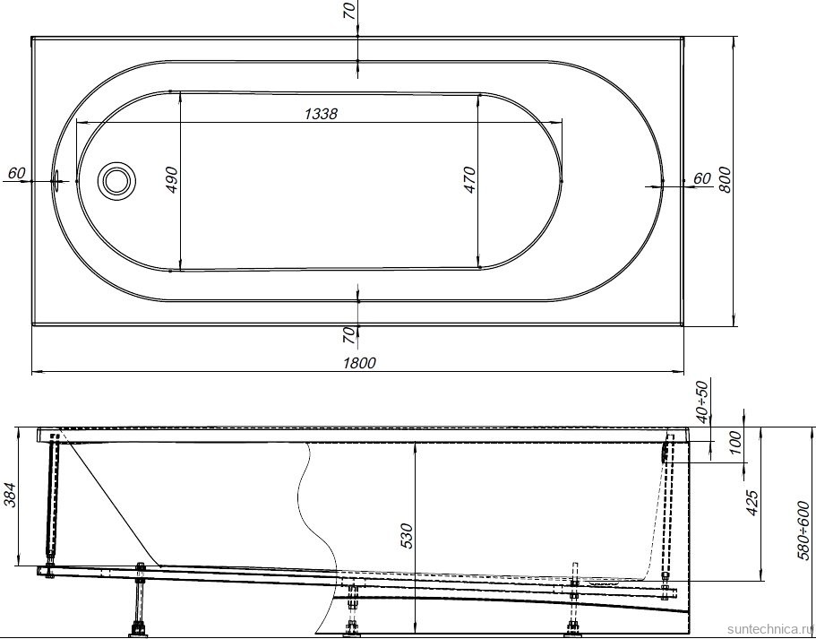 Акриловая ванна Aquanet Lotos 332845 180x80 см, пристенная, белая, с каркасом