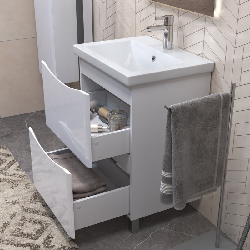 Тумба с раковиной Vigo Glem 60 напольная, 2 ящика, глянцевая белая