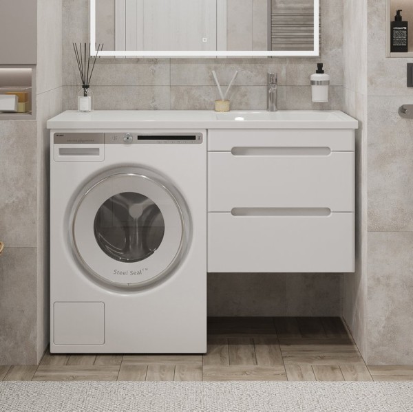 Тумба с раковиной SanStar Толедо 110 R подвесная, под стиральную машину, глянцевая белая, раковина Даллас 110