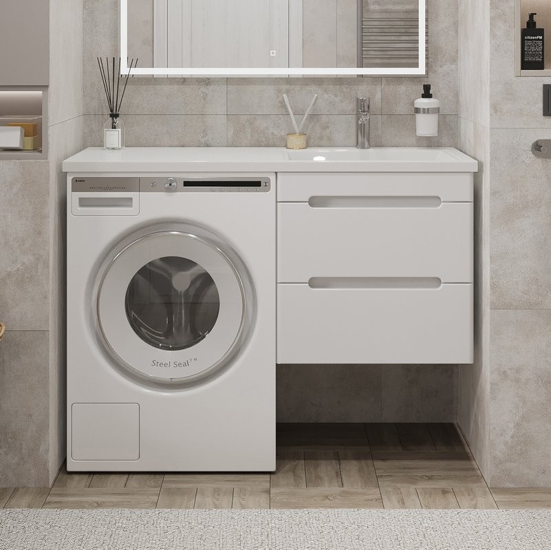 Тумба с раковиной SanStar Толедо 110 R подвесная, под стиральную машину, глянцевая белая, раковина Даллас 110