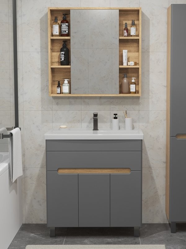 Мебель для ванной комнаты SanStar Модена 80 напольная, графит софт, дуб вотан, раковина Фостер 80