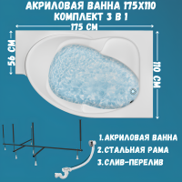 Акриловая ванна 1MarKa Ergonomika R Стандарт 2 175x110 см, угловая, правая, встраиваемая, белая, асимметричная, с каркасом, с сиденьем, со сливом-переливом