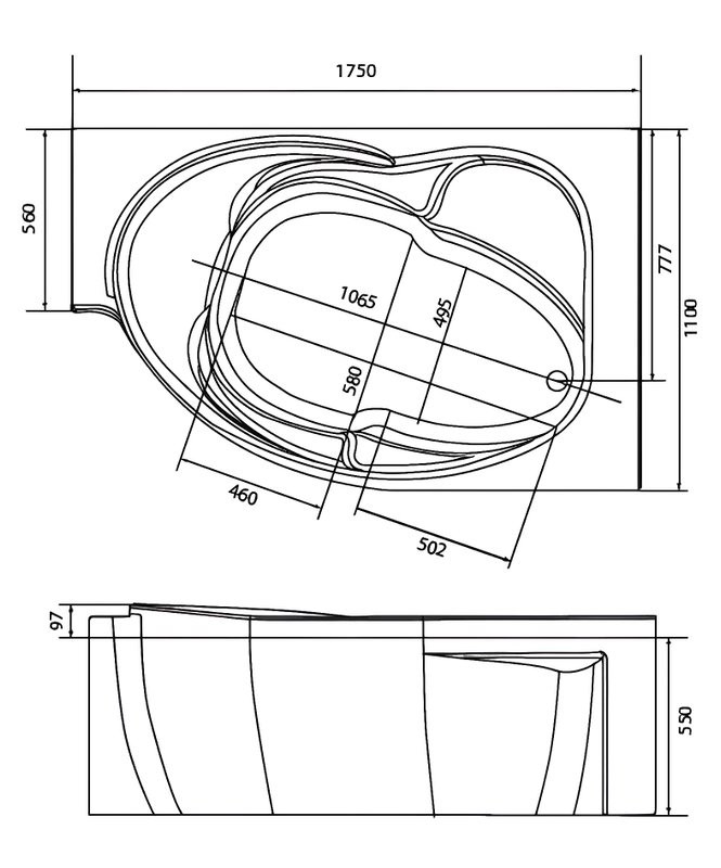 Акриловая ванна 1MarKa Ergonomika R Стандарт 2 175x110 см, угловая, правая, встраиваемая, белая, асимметричная, с каркасом, с сиденьем, со сливом-переливом