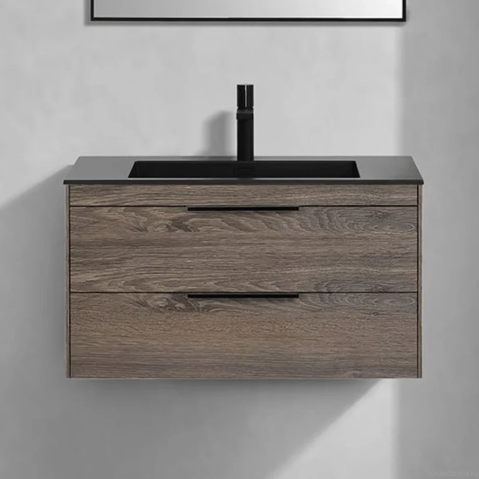Тумба с раковиной Vincea Chiara 2D 80, 2 ящика, темный дуб, с черной раковиной