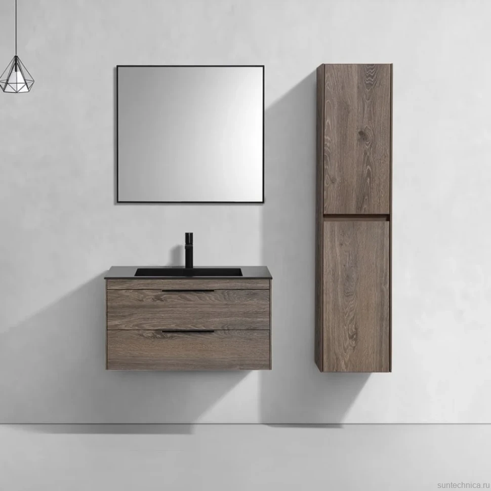 Тумба с раковиной Vincea Chiara 2D 80, 2 ящика, темный дуб, с черной раковиной