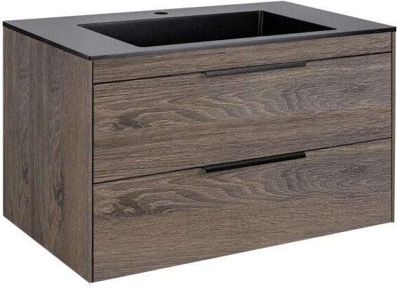 Тумба с раковиной Vincea Chiara 2D 80, 2 ящика, темный дуб, с черной раковиной