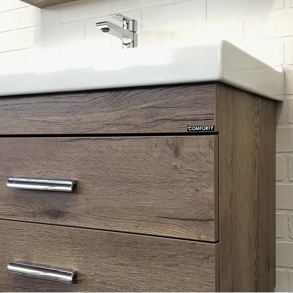Тумба с раковиной Comforty Никосия 80П подвесная, темный дуб, с раковиной Fest 80
