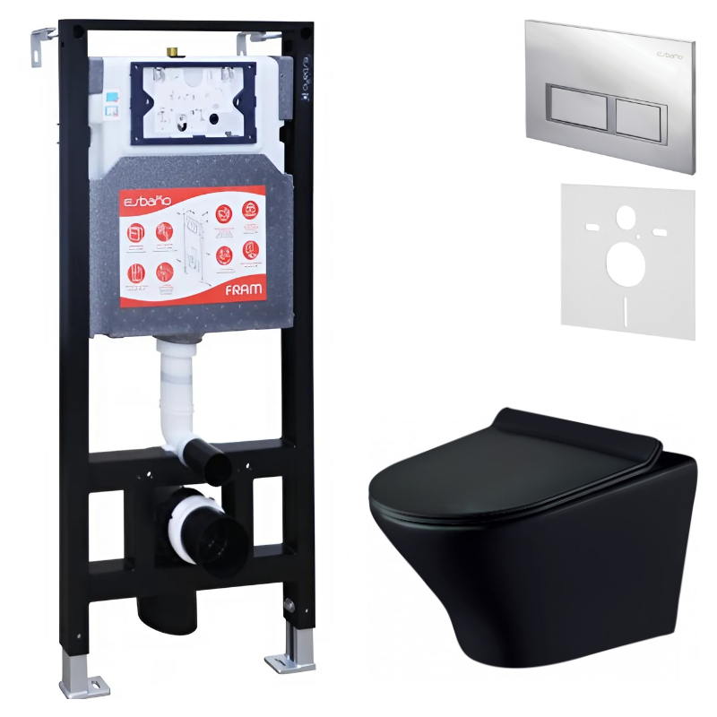 Комплект Унитаз подвесной Esbano Aster ESUPASTEBM матовый черный + Инсталляция Fram + Кнопка ESINPRK12SC