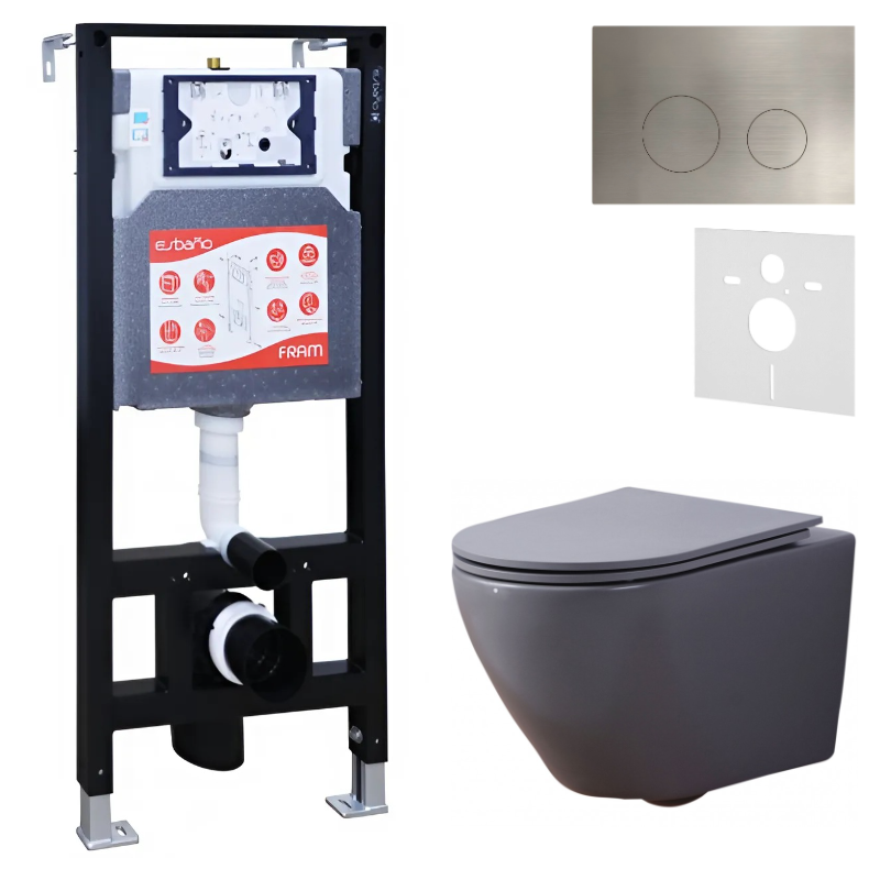 Комплект 3 в 1 Унитаз подвесной Esbano Azalea ESUPAZALGM + Инсталляция Fram + Кнопка ESINMTK60ST цвет сатин