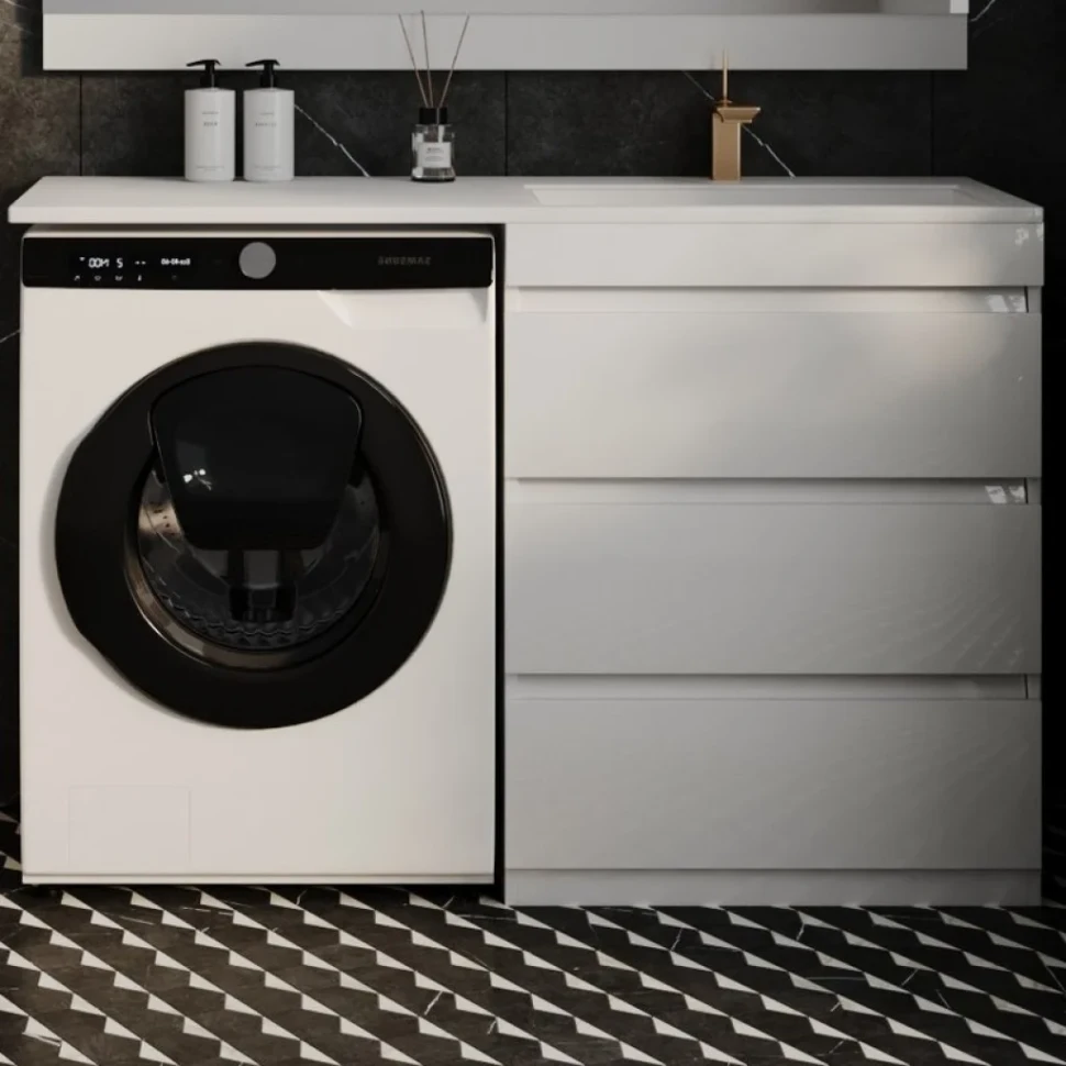 Мебель для ванной комнаты Style Line Даллас 130 R Люкс Plus напольная, белая, 3 ящика, зеркало DIWO Коломна