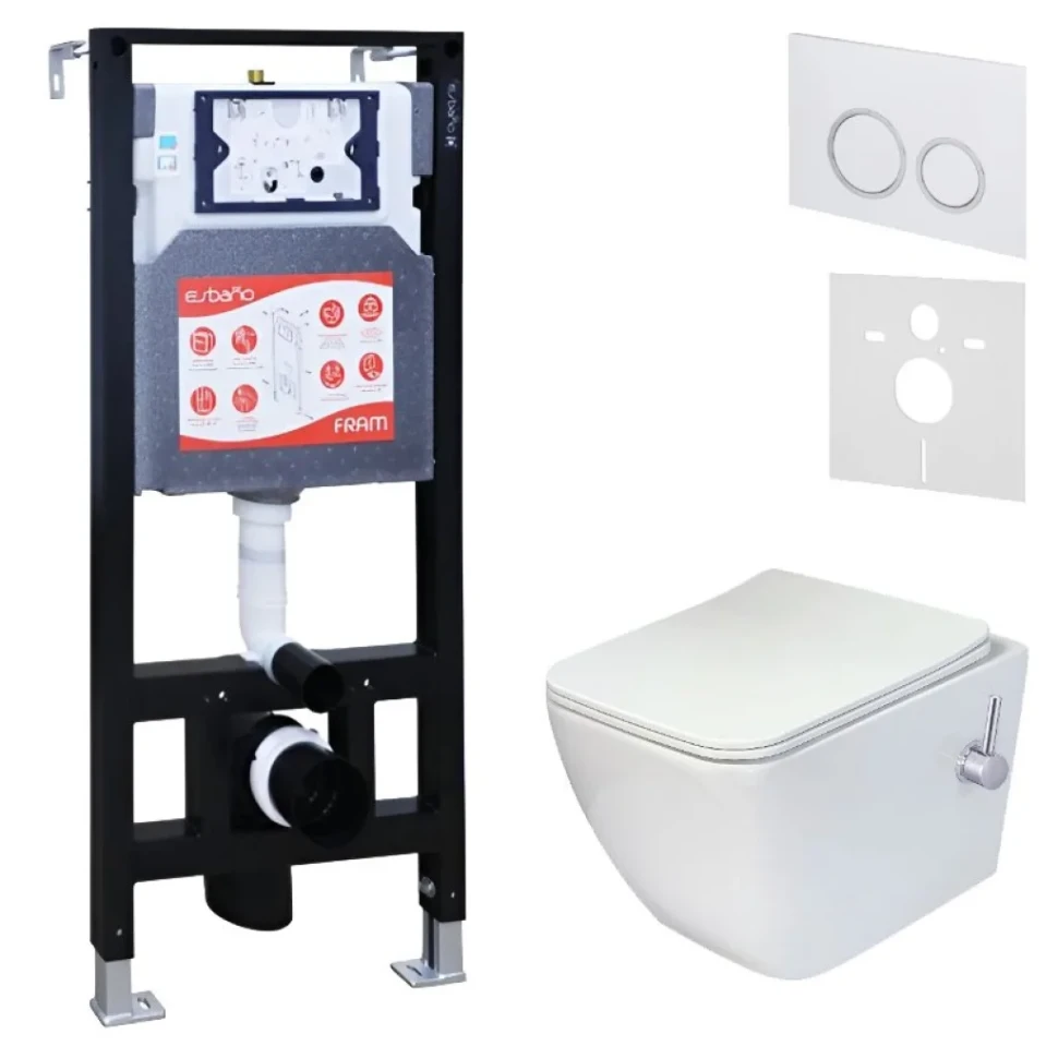 Комплект 3 в 1 Унитаз подвесной Esbano ESWBLEONWN + Инсталляция Fram + Кнопка ESINKRG11GW цвет глянцевый белый