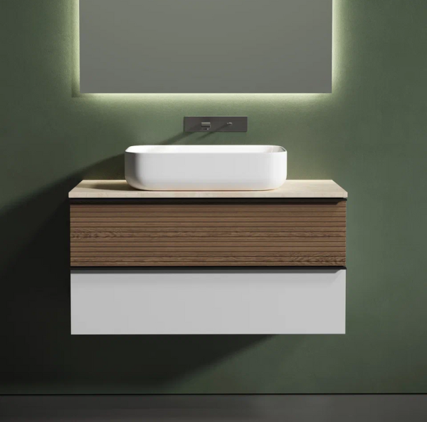 Тумба с раковиной Sancos Delta 100 см, дуб светлый, белый, столешница бежевая, раковина СN5004