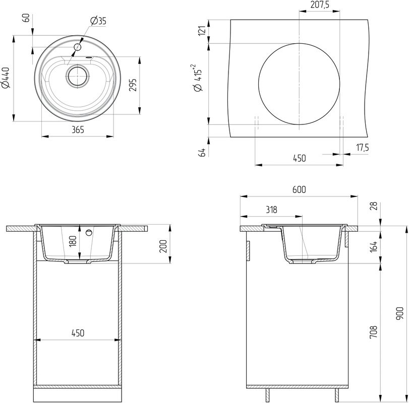 Мойка кухонная Ulgran U-700 308 черная + дозатор U-02 черный