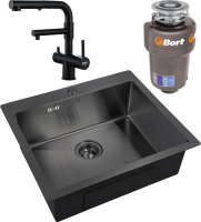 Комплект Мойка Zorg Inox PVD 5951 grafit + Смеситель Sanitary SZR-3216 Grafit графит + Измельчитель Bort Titan Max Power