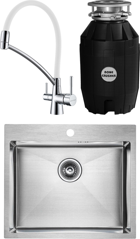 Комплект Мойка Paulmark Kroner PM215951-BS брашированная нержавеющая сталь + Смеситель Siegen Si213111-CRw хром, с гибким изливом + Измельчитель Bone Crusher BC 810-AS