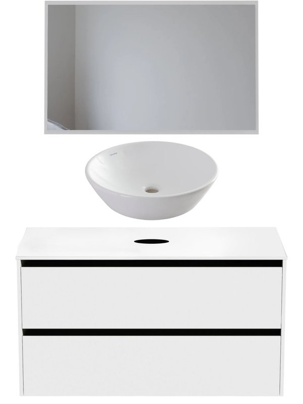 Мебель для ванной комнаты Allen Brau Activity 120 с подсветкой, матовый белый, черный браш, столешница белая, раковина Fantasy Round 45, белая