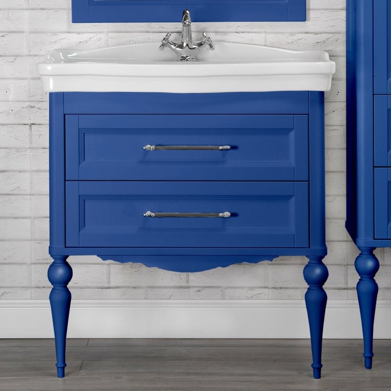 Тумба с раковиной ValenHouse Эстетика 80, синяя, подвесная, ручки хром, раковина Модерн
