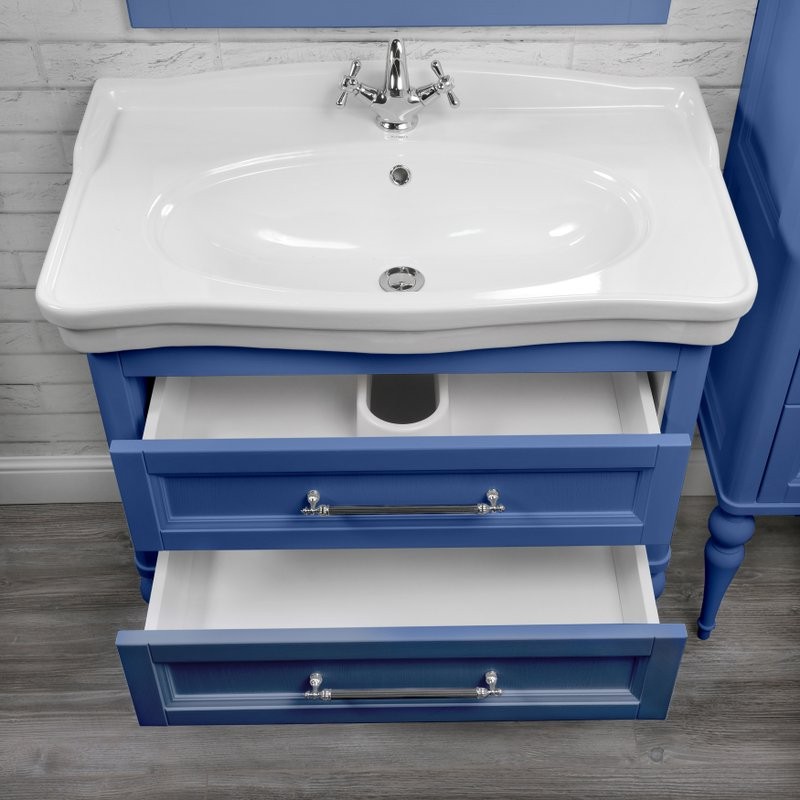 Тумба с раковиной ValenHouse Эстетика 80, синяя, подвесная, ручки хром, раковина Модерн