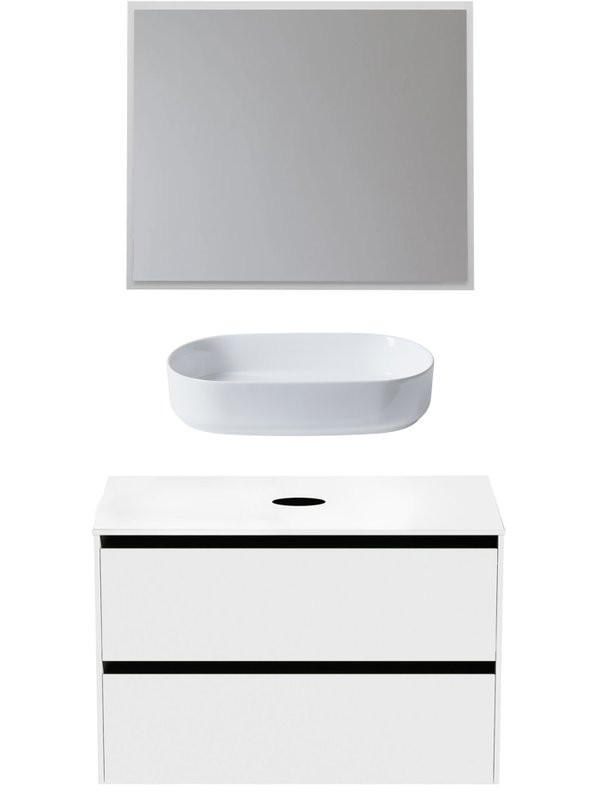 Мебель для ванной комнаты Allen Brau Activity 90 с подсветкой, матовый белый, черный браш, столешница белая, раковина Fantasy Oval 55, белая