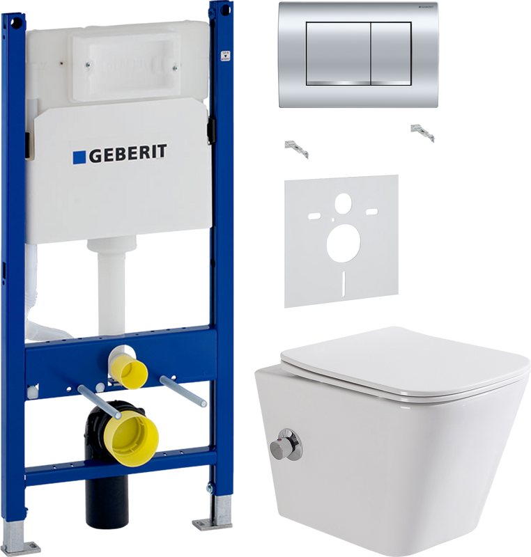 Комплект Унитаз подвесной BelBagno Due BB3103CHR-BS/SC с микролифтом, со смесителем и функцией биде + Звукоизоляция Geberit + Инсталляция Duofix Delta 458.163.21.1 с кнопкой смыва, хром