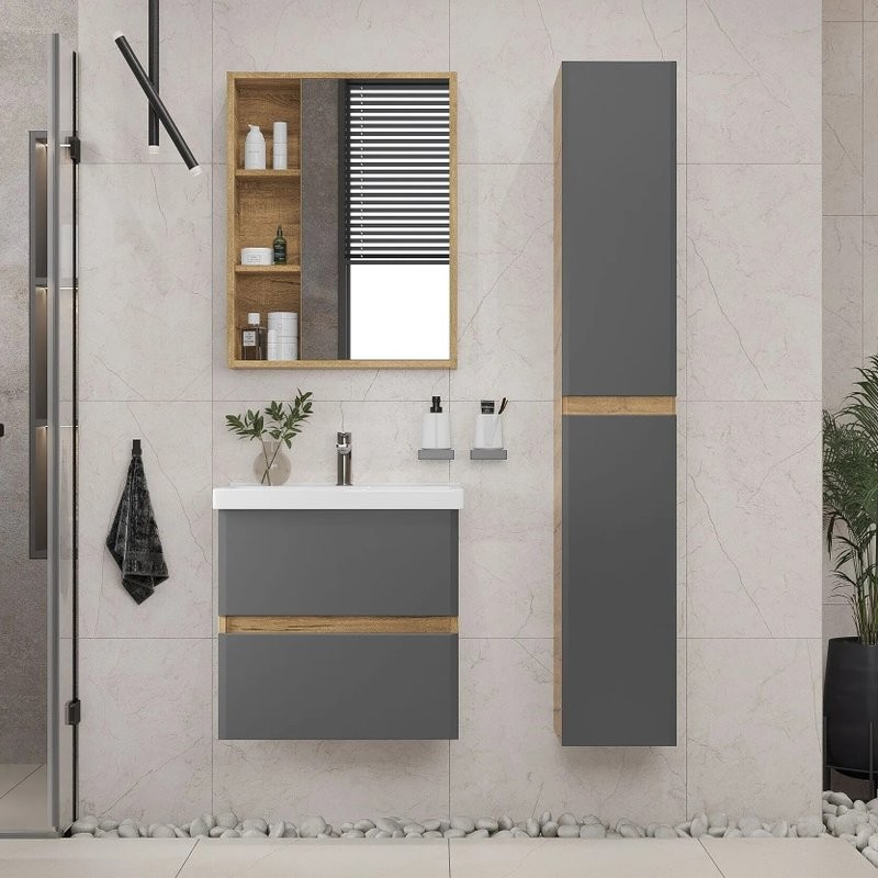 Шкаф-пенал для ванной SanStar Graffa 30 подвесной, дуб вотан, графит софт